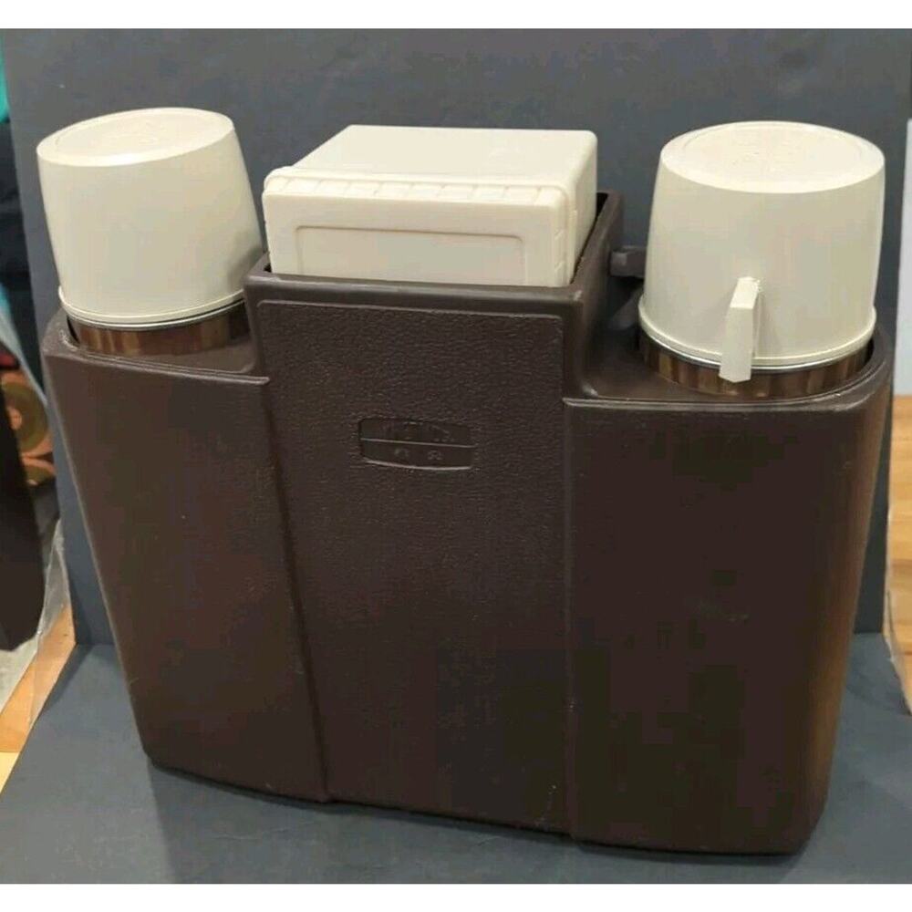 Vintage Thermos Carrying Case Cup Container (2)‎ Thermos Wood Pattern Brown Set